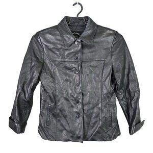 Mens Fourteen Zero Genuine Leather Black Button Up Jacket Long Sleeve Size L